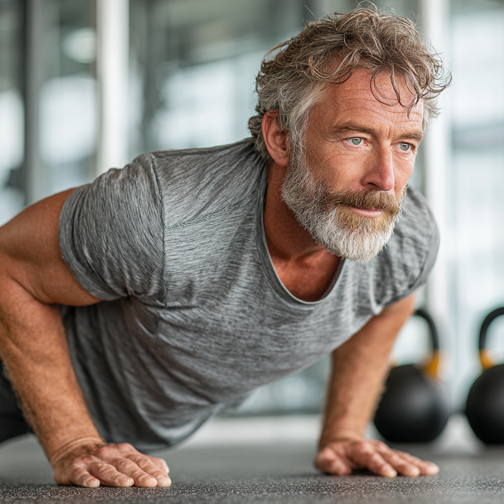 Active mature man in his 50s performing functional fitness exercises in a bright modern gym setting, demonstrating proper form and focus