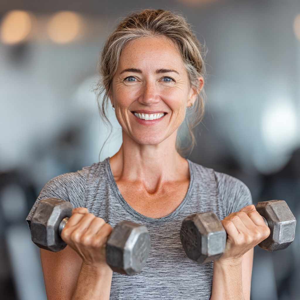 Confident middle-aged woman in her 40s wearing athletic clothing, smiling while holding dumbbells in a modern fitness studio environment